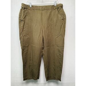 Eileen Fisher Linen Blend Olive Green Elastic Waist Crop Pants, Size Large